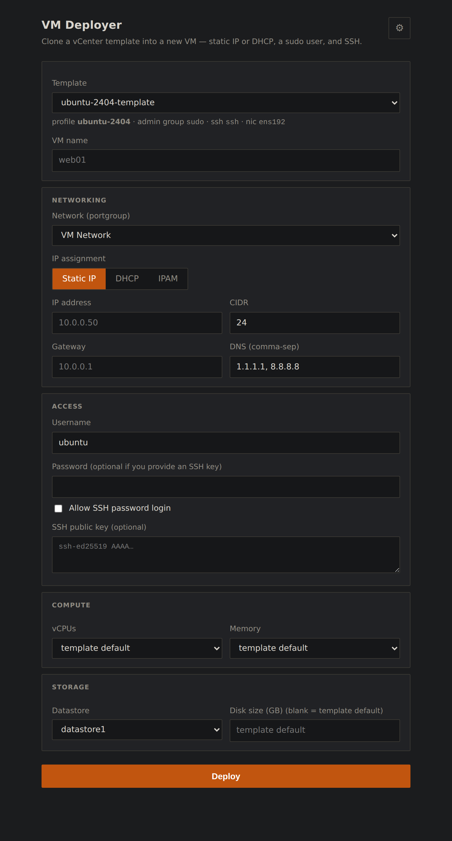 The vCenter version of the deploy form, showing a portgroup picker, datastore picker and an SSH password-login checkbox